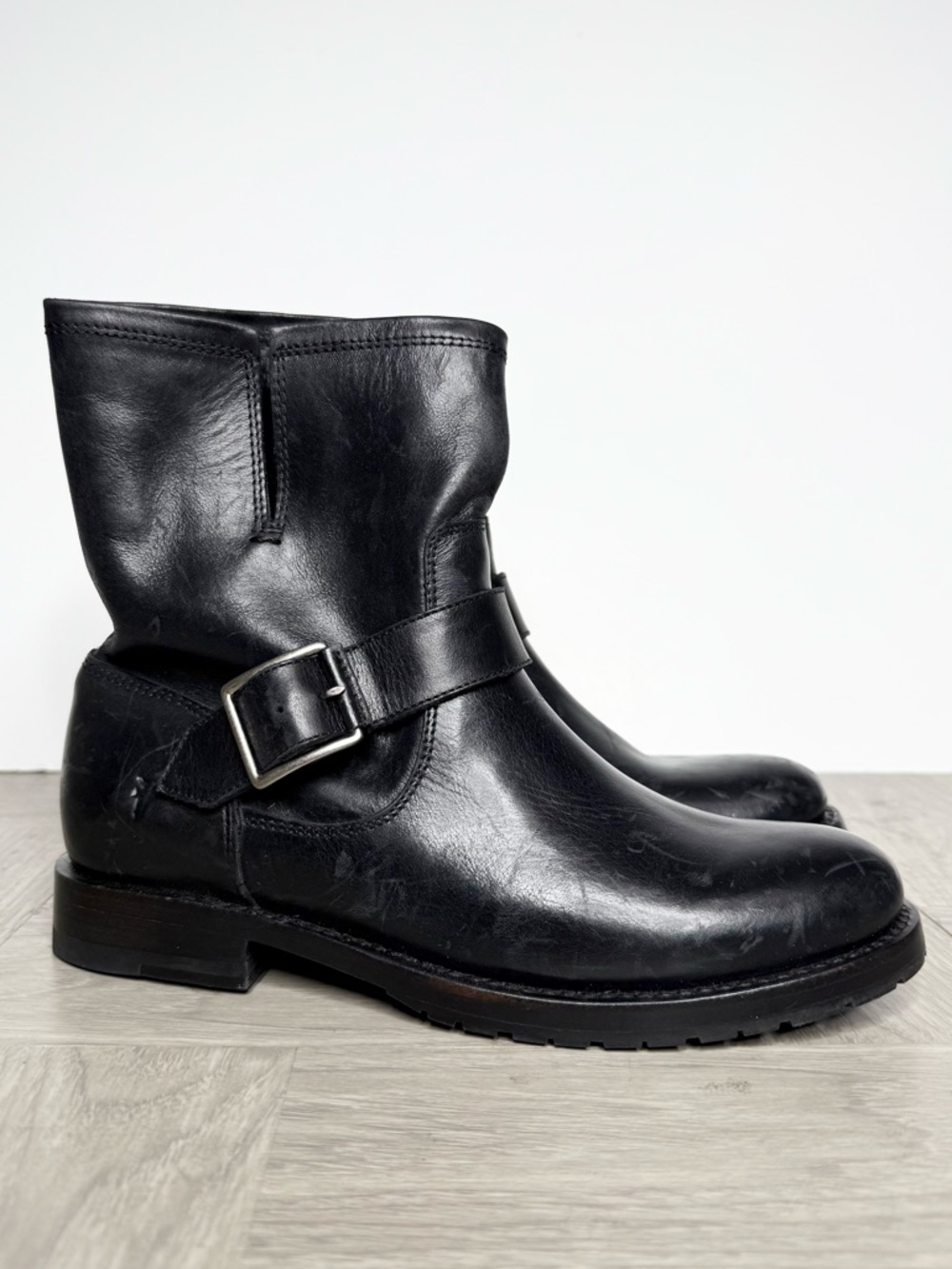 Frye Natalie Engineer Black Leather Buckle Boot 7B